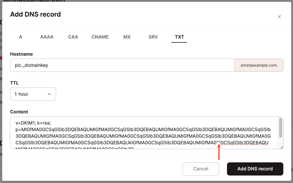 Voeg een DKIM record toe met meerdere strings in Kinsta's DNS.