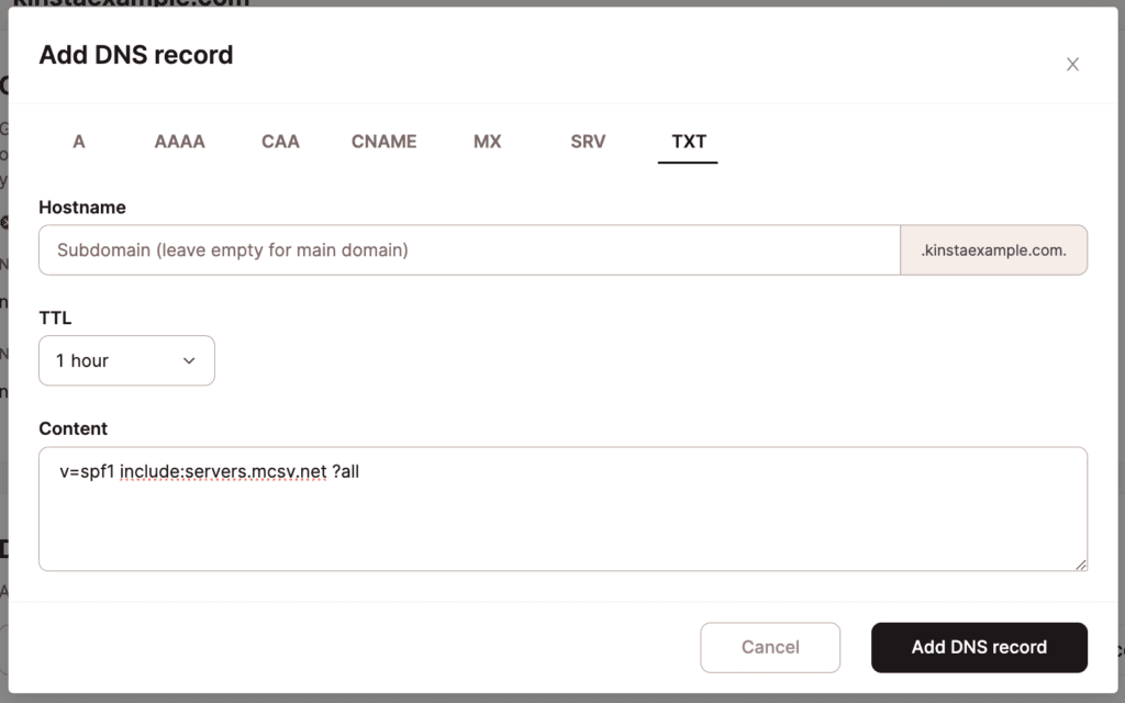 Voeg een SPF record toe in Kinsta's DNS.