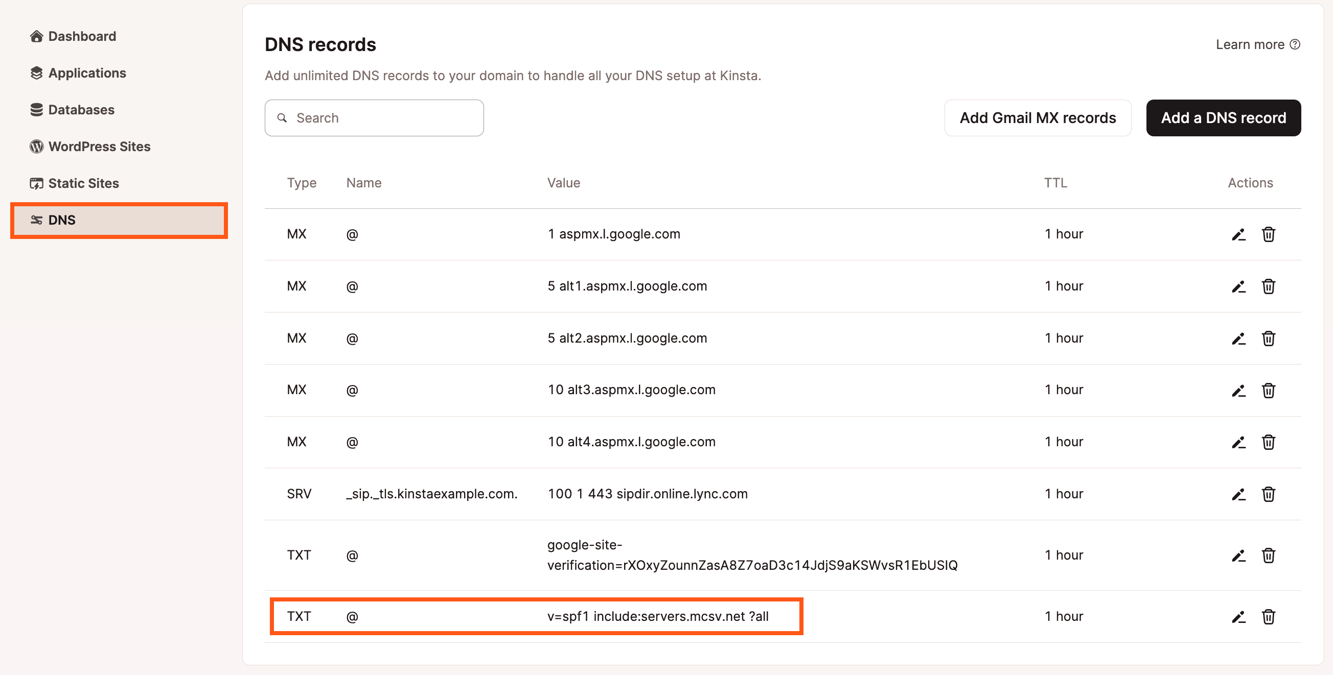 Um registro SPF TXT no DNS da Kinsta.