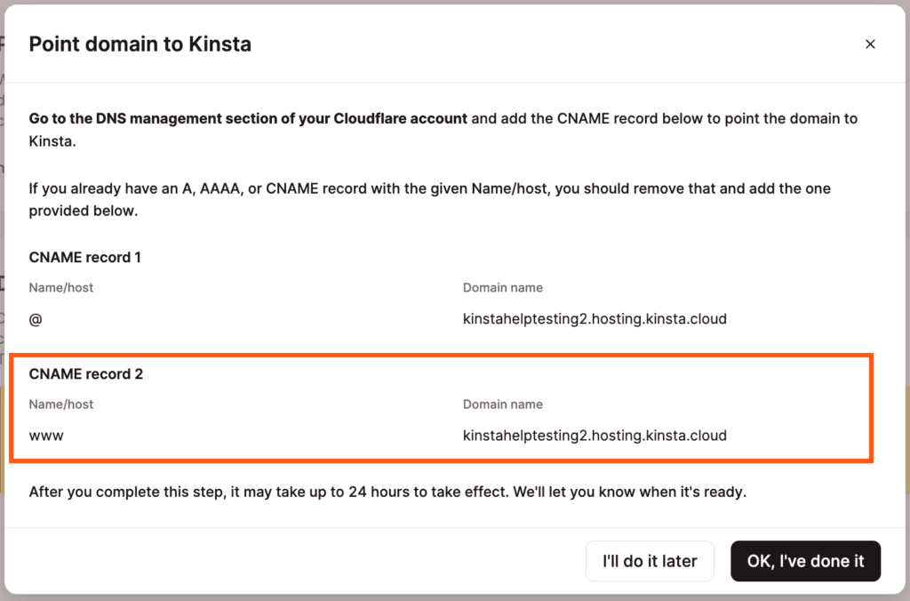 Il record CNAME per puntare un dominio www a Kinsta.