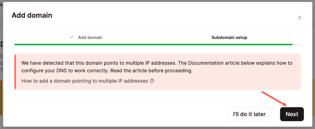 Klicke im Modal/Pop-up "Domain überprüfen" in MyKinsta auf Weiter