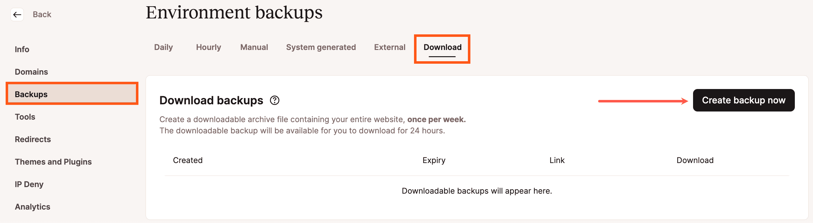 Backups para download no MyKinsta.