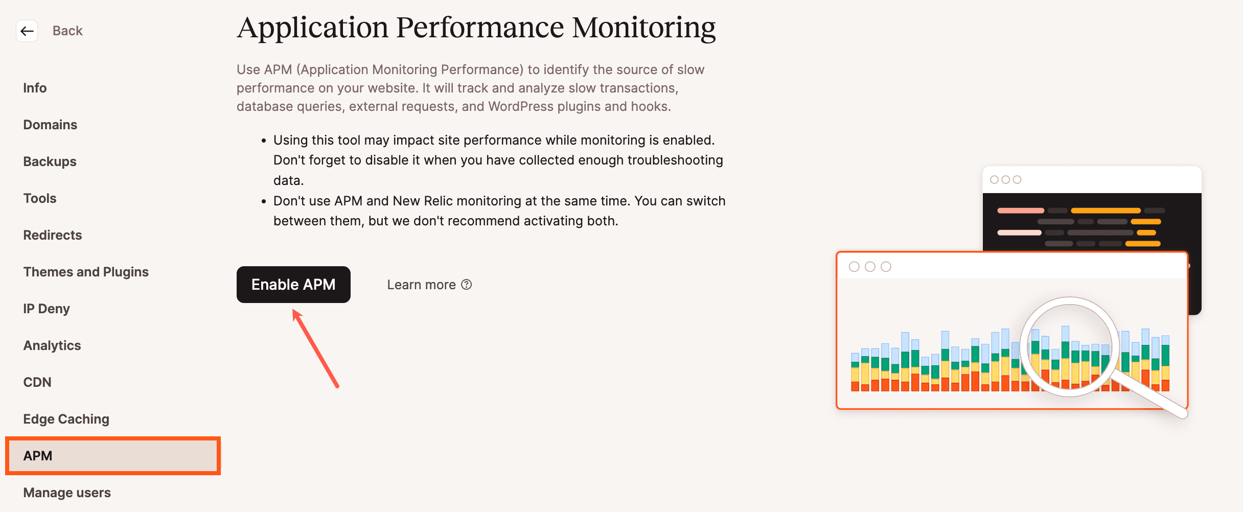 Haz clic en el botón Activar APM para activar la monitorización del rendimiento de la aplicación en MyKinsta.