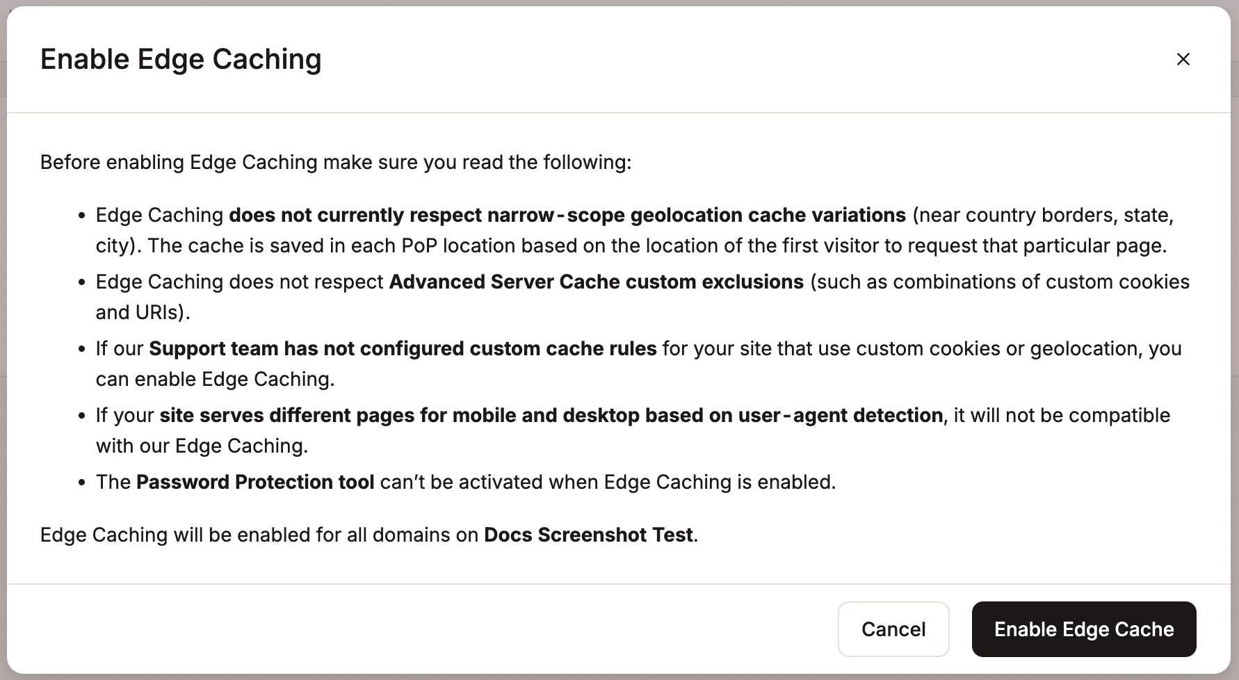 Confirm enabling edge caching in MyKinsta.
