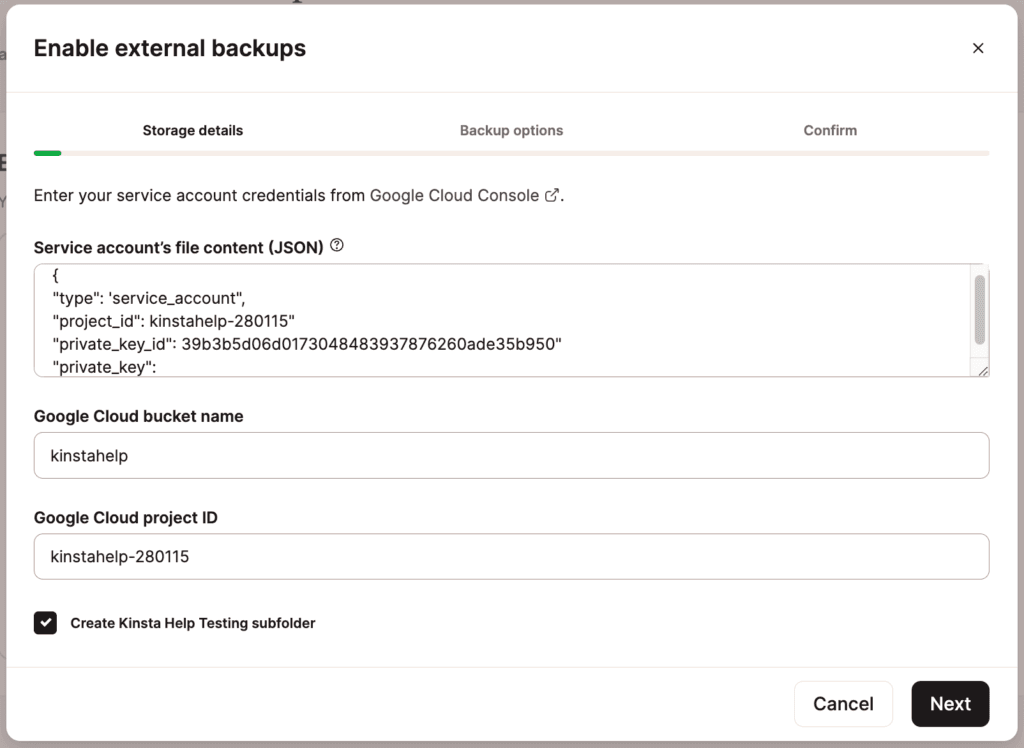 Aggiungere le credenziali GCP in MyKinsta.