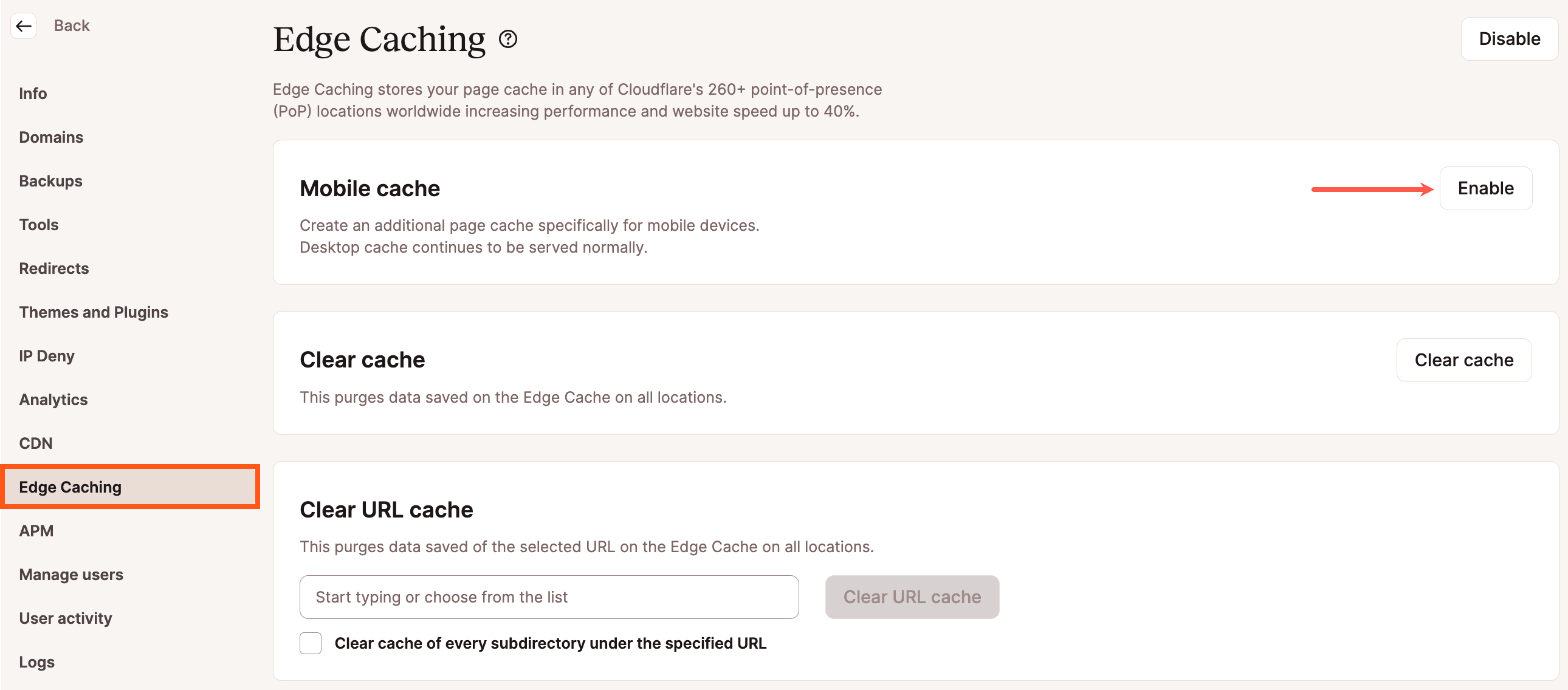 Abilitare la cache Edge Mobile.