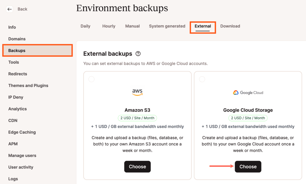 Wähle die Option Google Cloud Storage für externe Backups