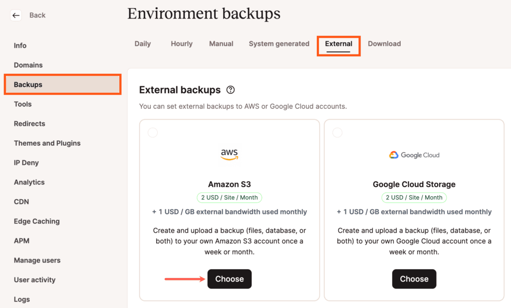 Selezionare l'opzione Amazon S3 per i backup esterni.