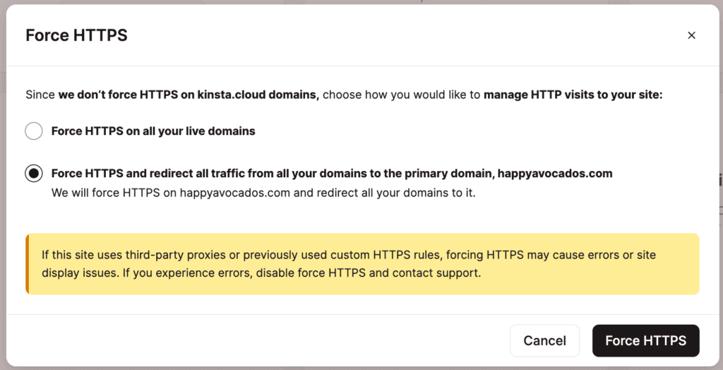 Choisissez comment vous souhaitez gérer les visites HTTP et confirmez l'activation de l'option Forcer le HTTPS.