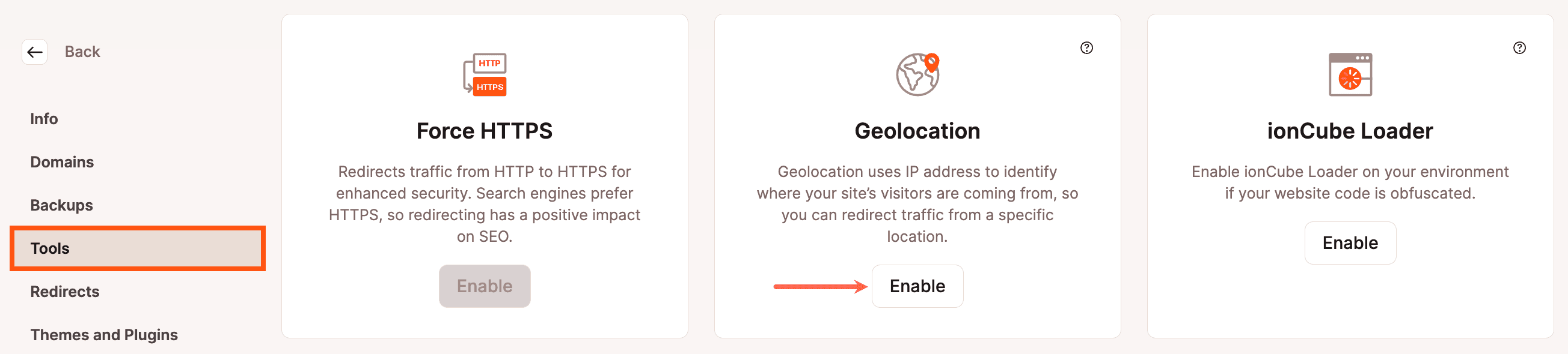 Geolocation can be enabled in the Tools section of MyKinsta.