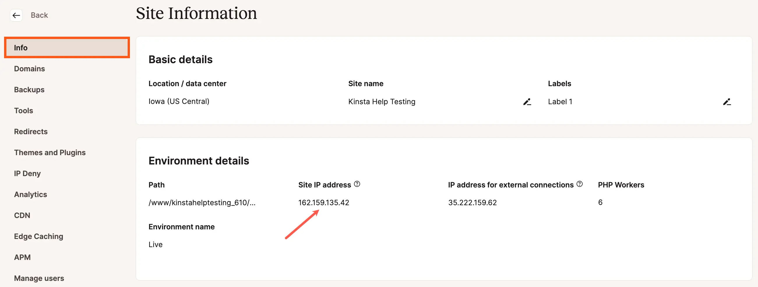 IP-adres van site in MyKinsta.