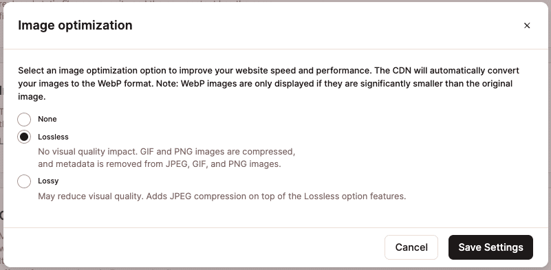 Selecting the Lossless image optimization option in MyKinsta.