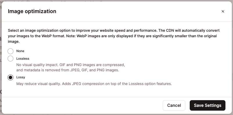 Seleccionando la opción de optimización de imagen Lossy en MyKinsta.