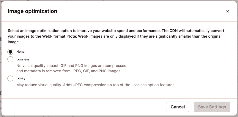 Configurações de otimização de imagem no MyKinsta.
