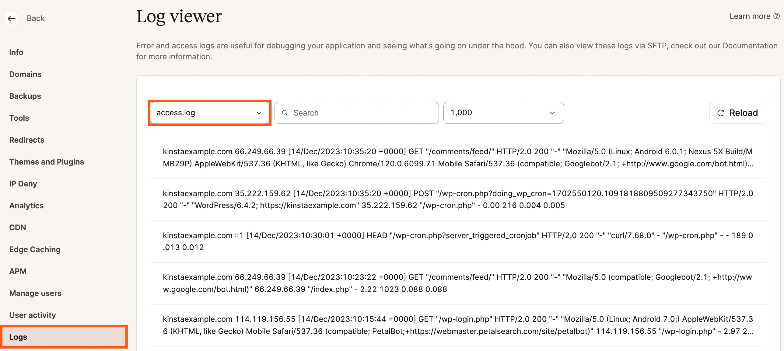 access.log no visualizador de registros MyKinsta.