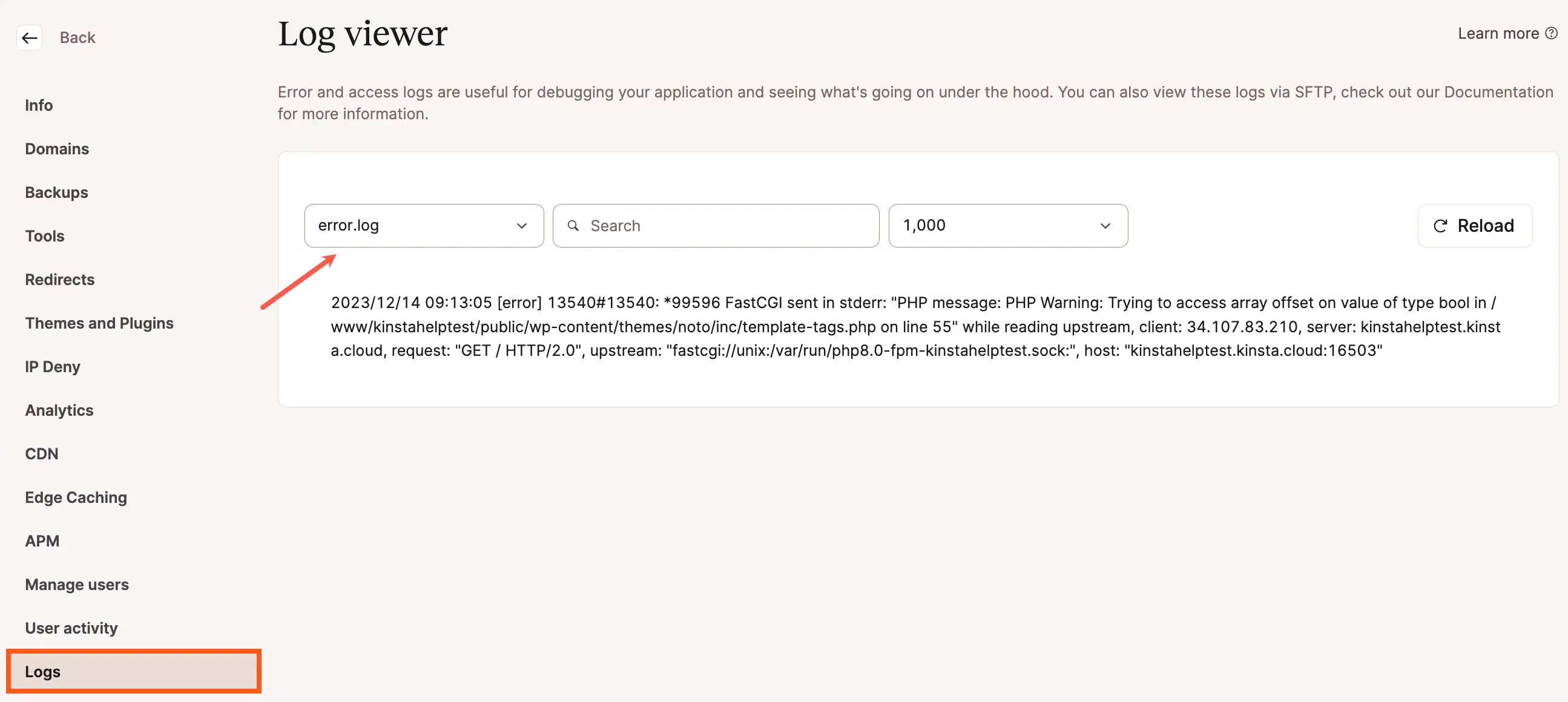 error.log Datei in MyKinsta Log Viewer.