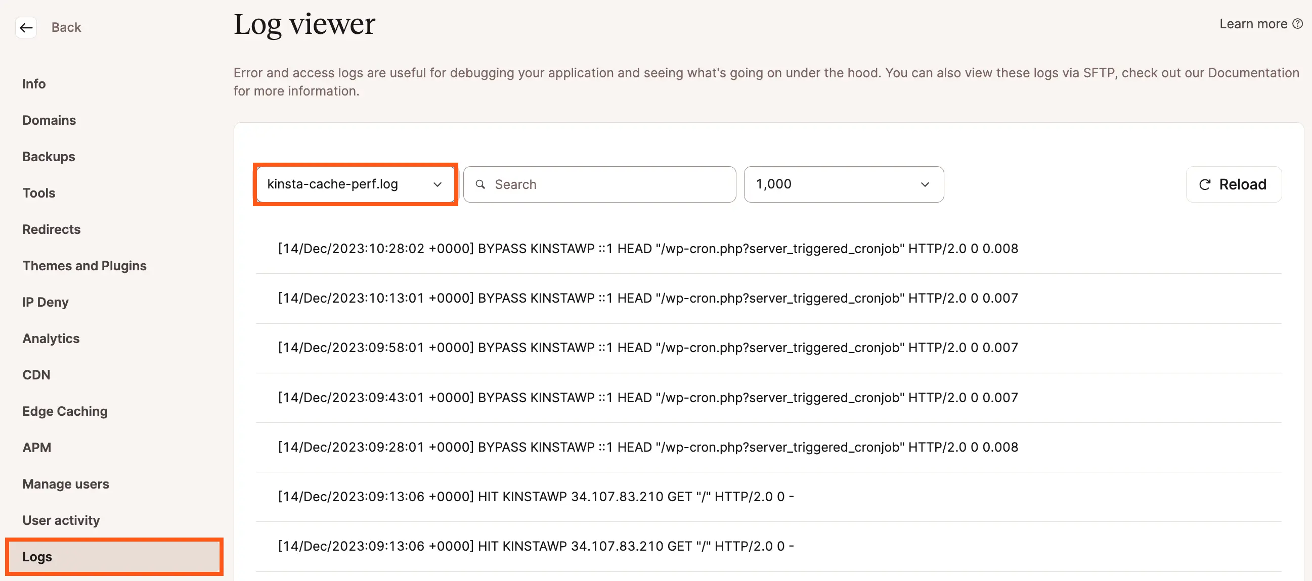 kinsta-cache-perf.log no visualizador de registros MyKinsta.