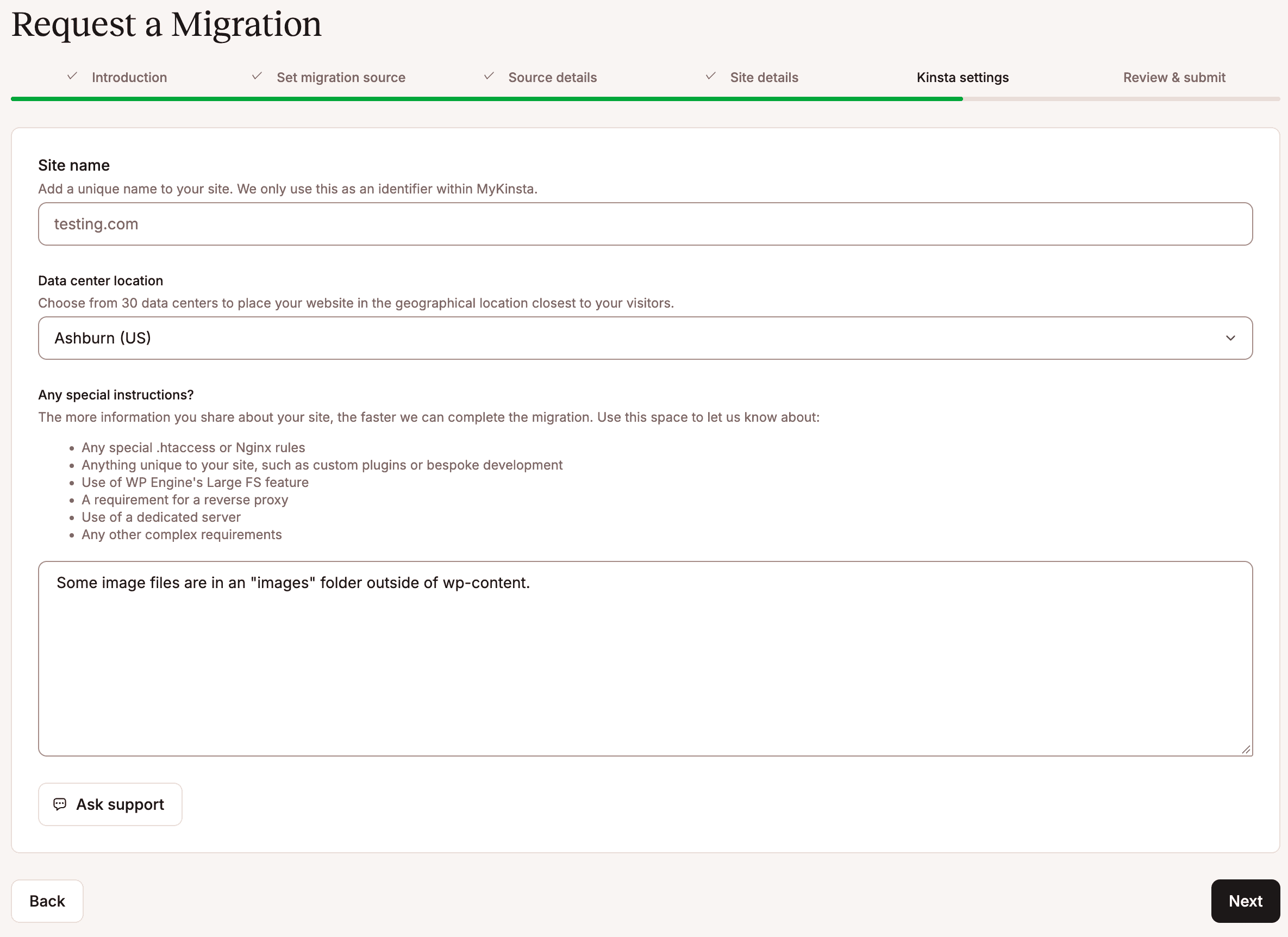 Add your Kinsta site details to your migration request.