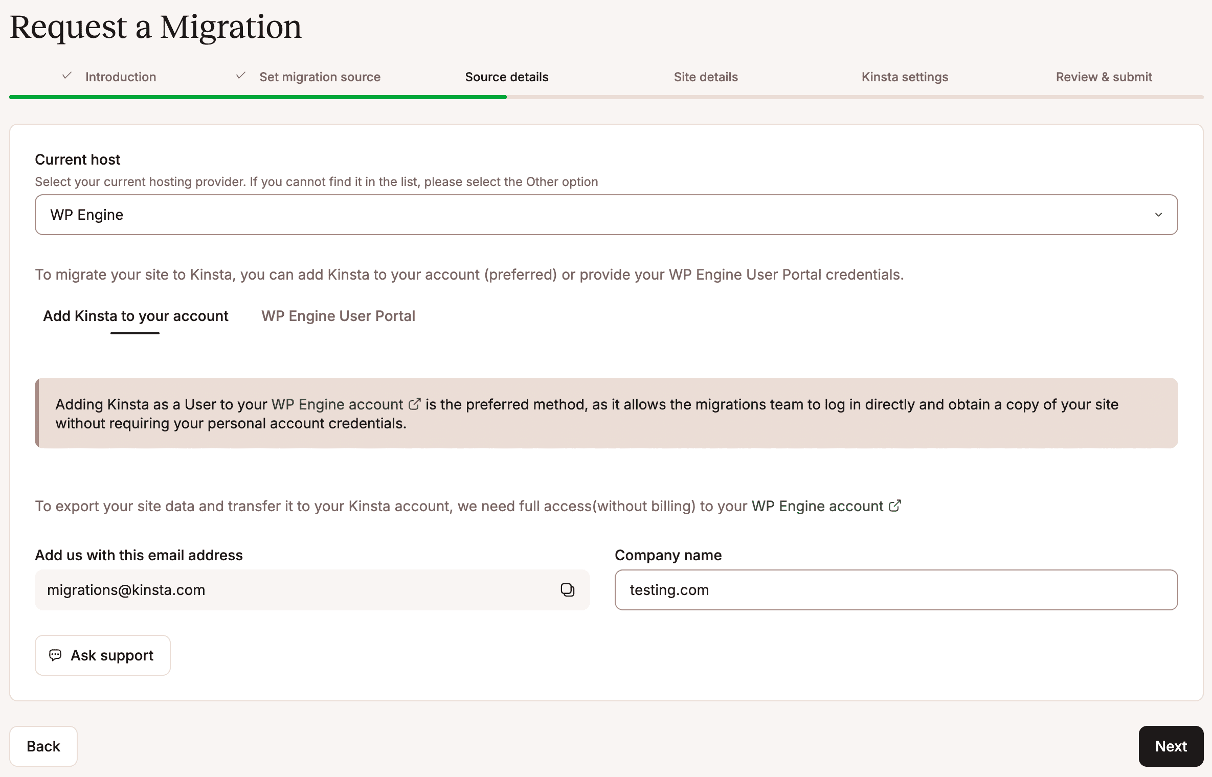 Add your source details to your migration request.