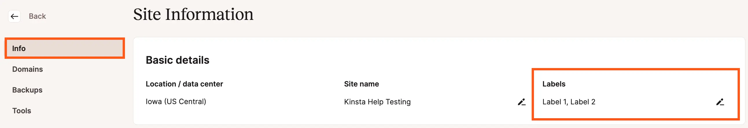 Sitelabels op de pagina Site informatie in MyKinsta.