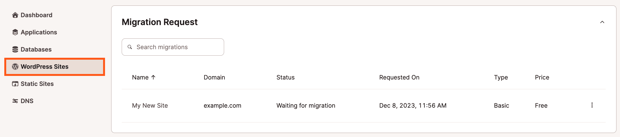Veja as solicitações de migração em sua página de Sites WordPress no MyKinsta.