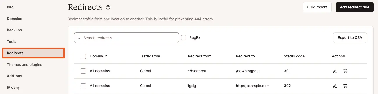 Manage redirect rules in MyKinsta.