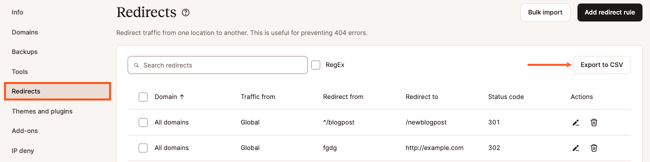 Export redirects to CSV from MyKinsta.