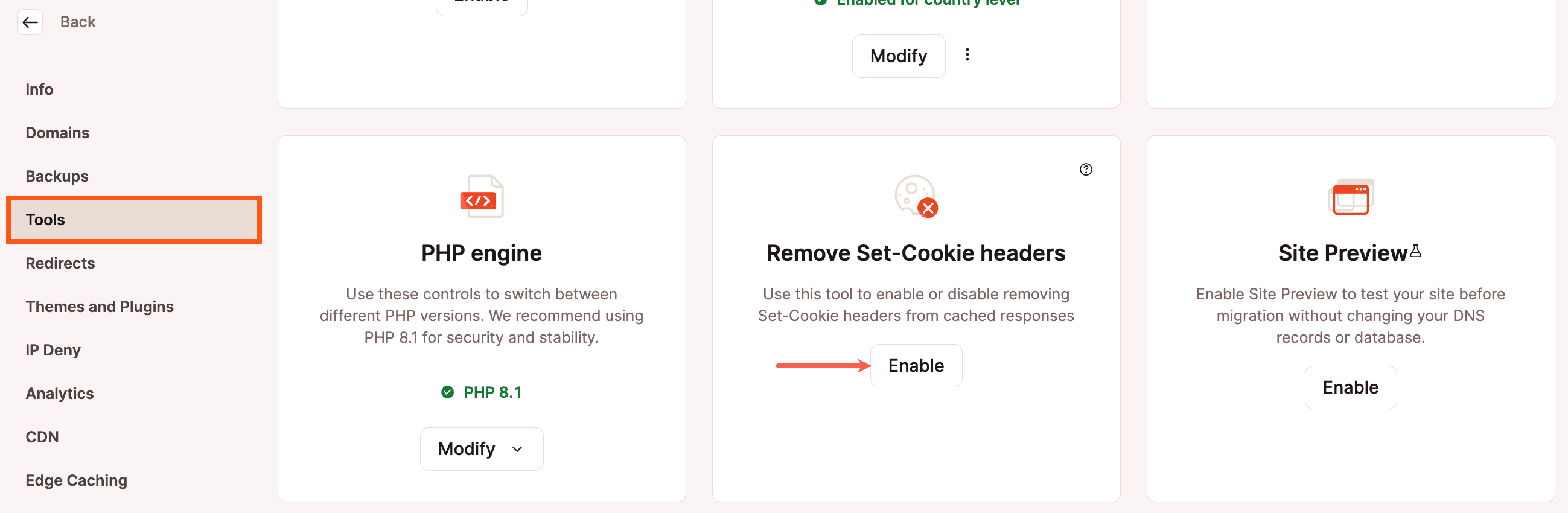 Activar o desactivar Eliminar cabeceras Set-Cookie en MyKinsta.