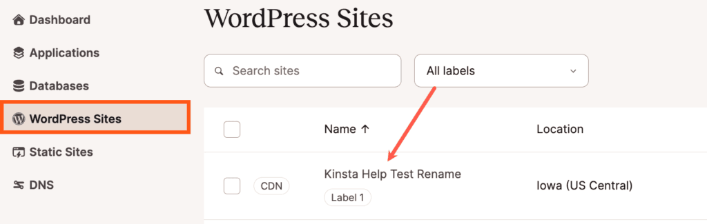 Um site renomeado na lista de sites WordPress.