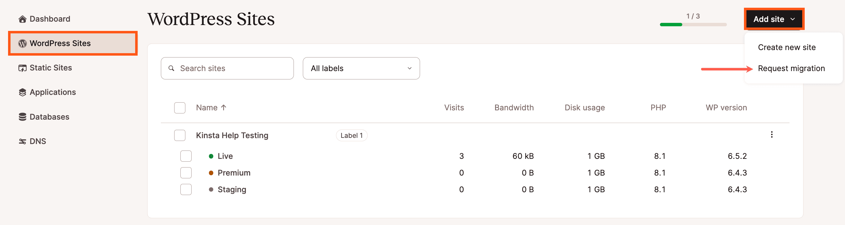 Select Request migration in the Add site dropdown menu on the WordPress Sites page in MyKinsta.