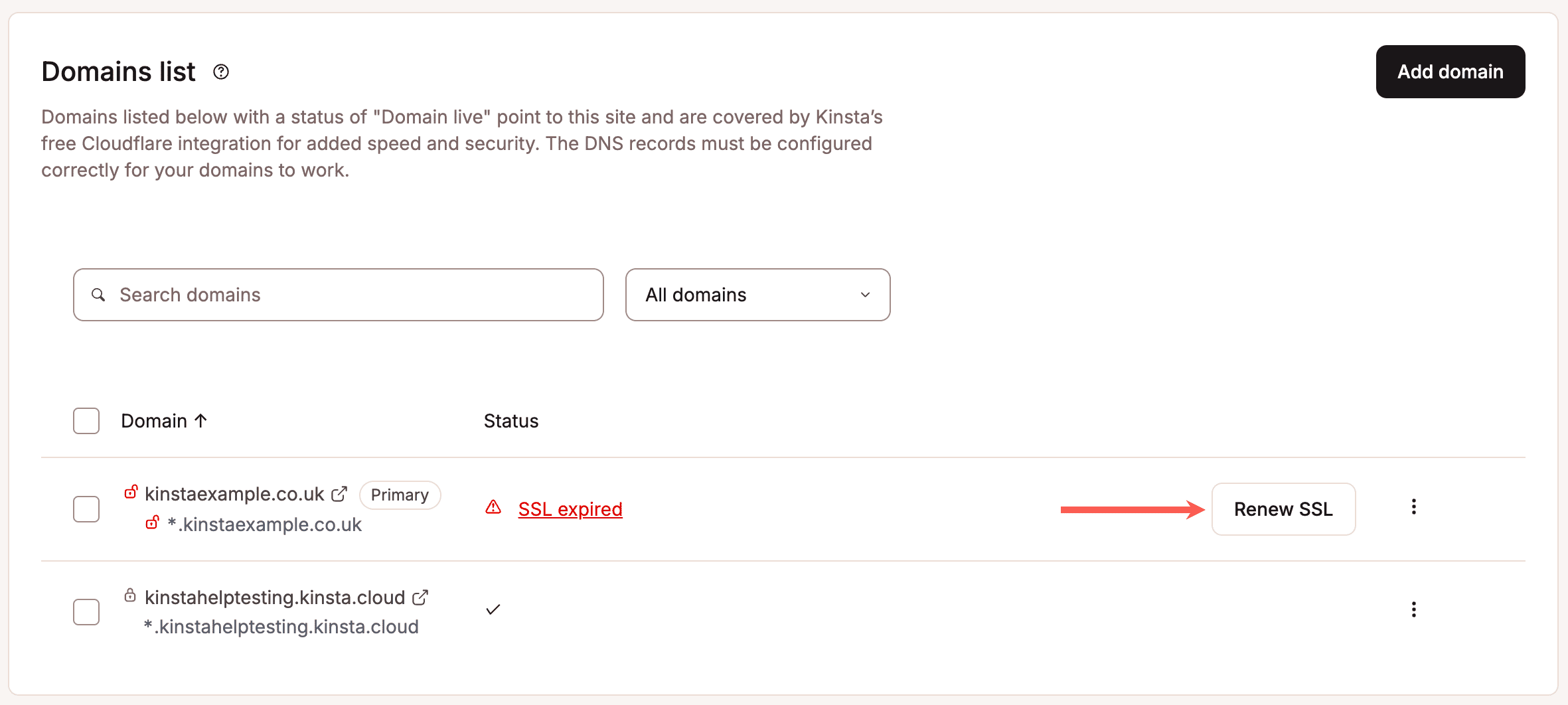 Renew SSL for the domain in the MyKinsta Domains list.