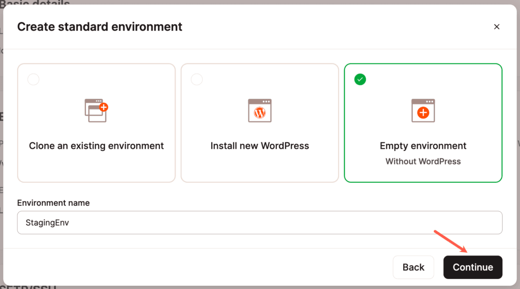 Create an empty new environment with no WordPress.