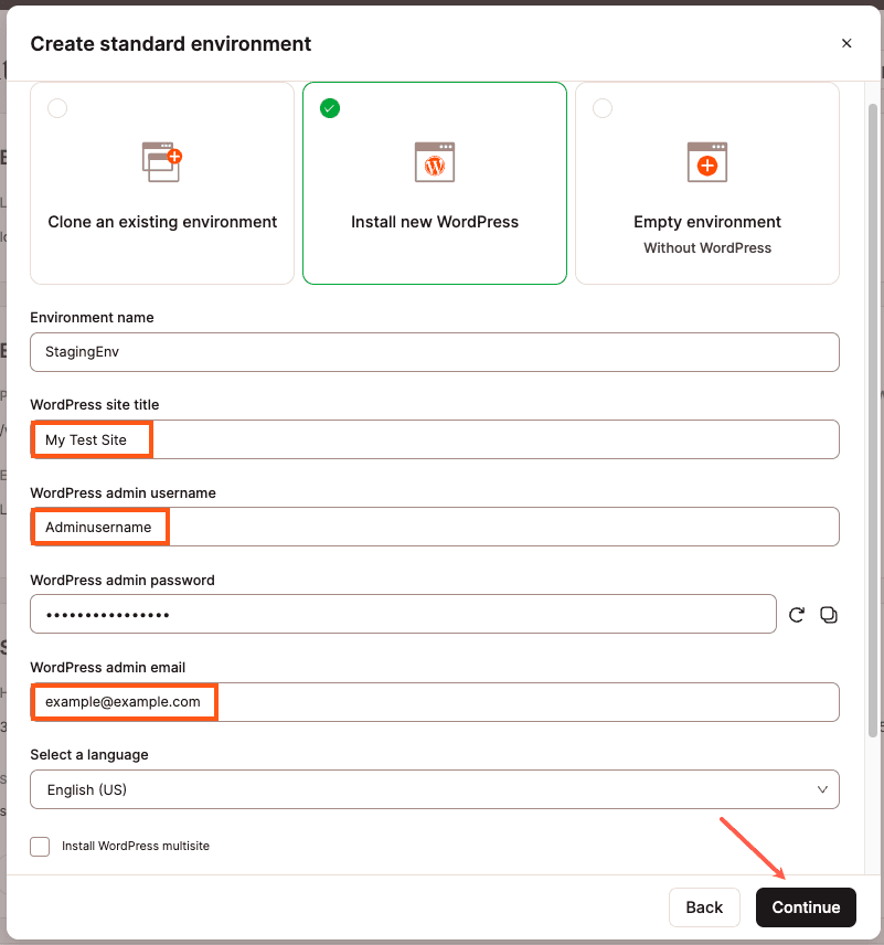 Install new WordPress in your staging environment.