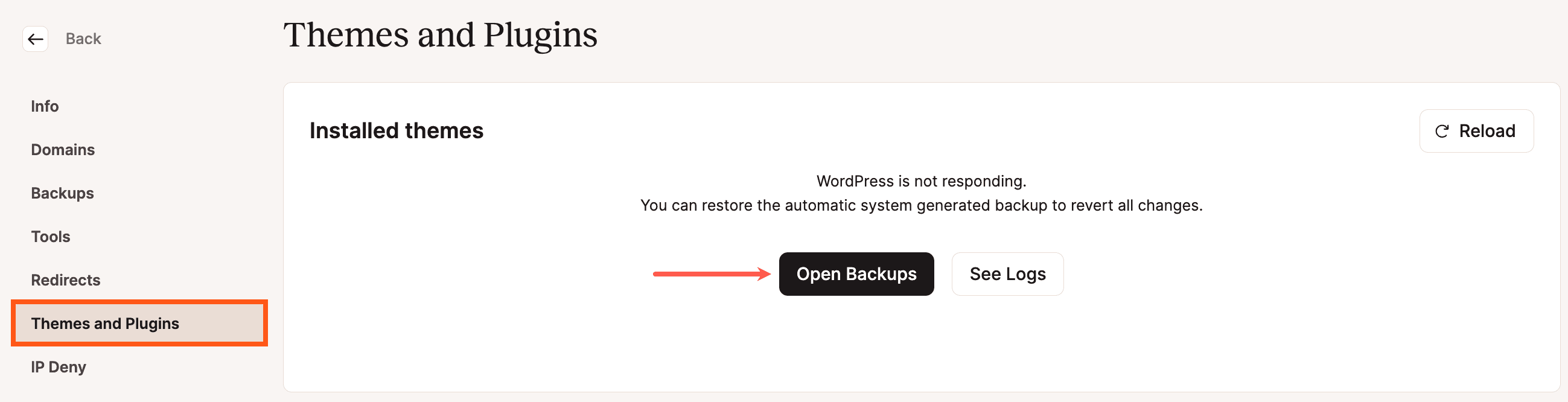 Thema-update mislukt en de optie om een backup terug te zetten wordt weergegeven.