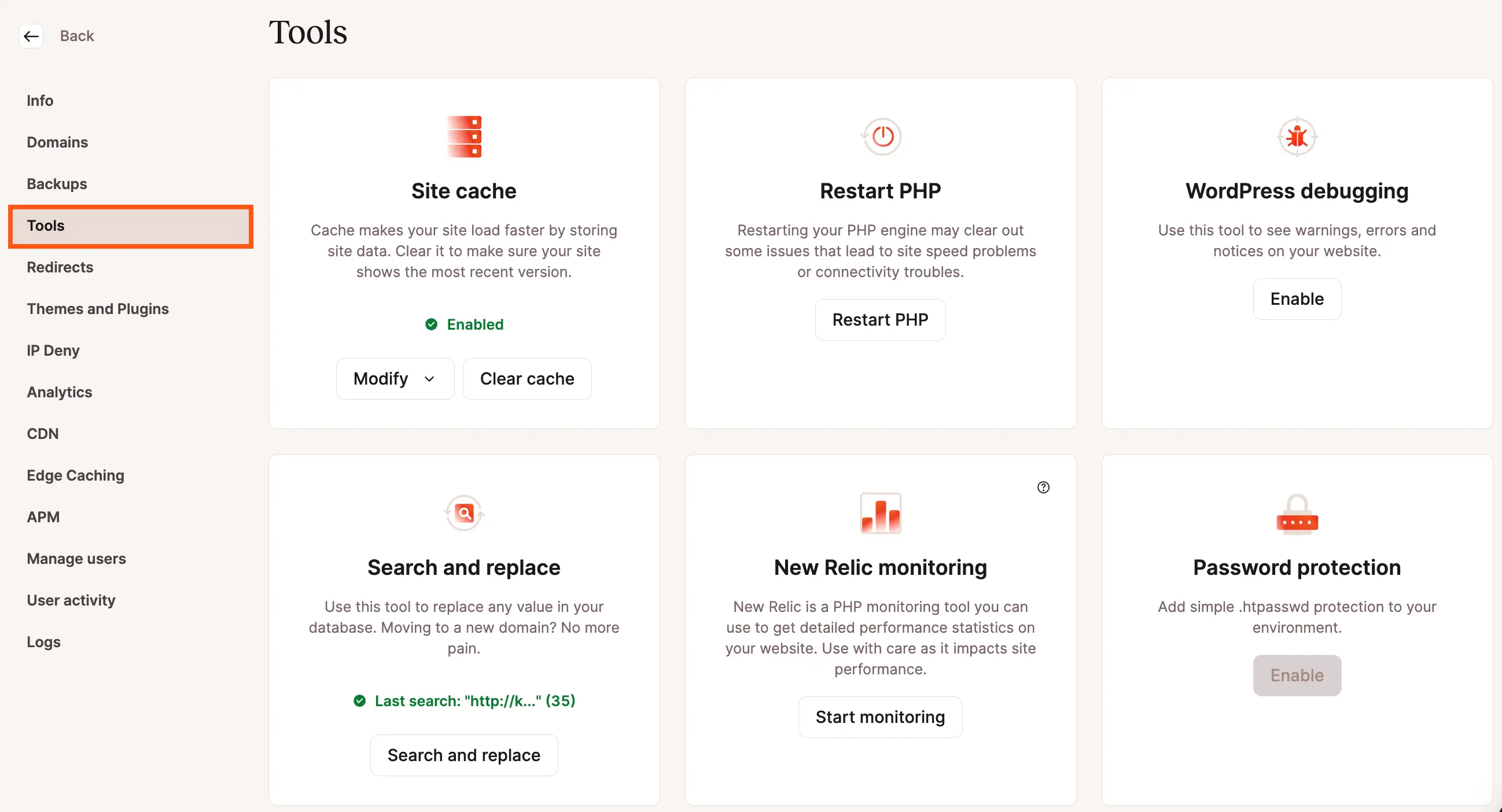 De WordPress Hosting Tools pagina in MyKinsta.