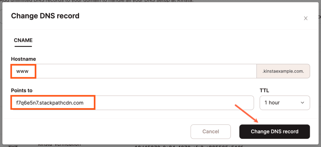 Modifiez votre enregistrement CNAME www pour qu'il pointe vers StackPath.