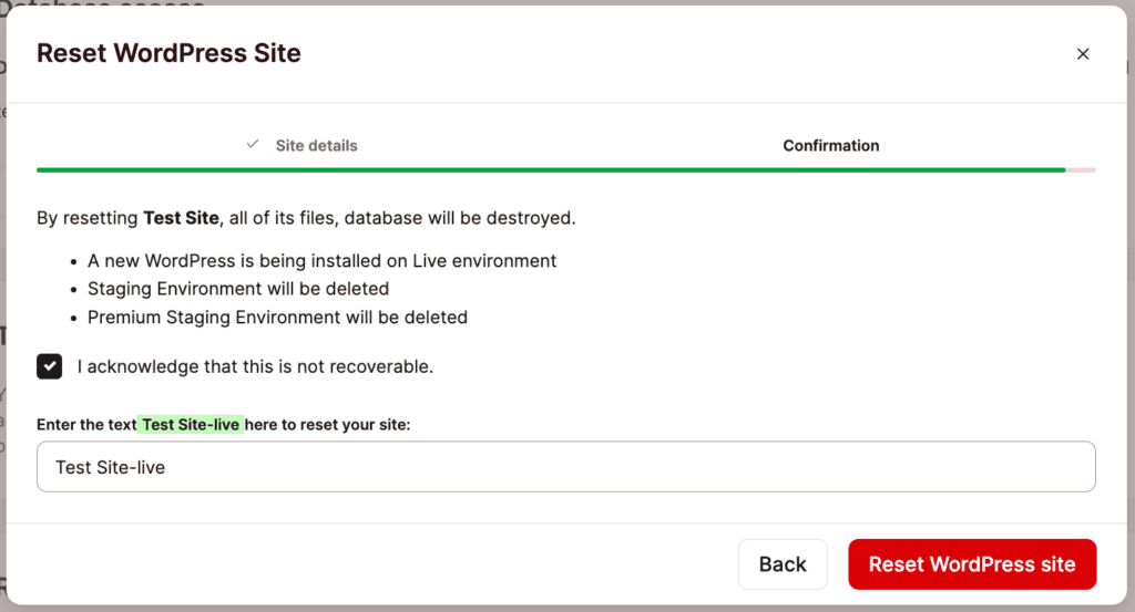 Confirmation screen to reset your site.