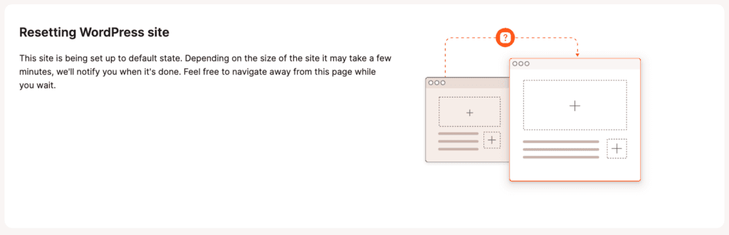 The Resetting WordPress site screen shows until the site reset is complete.