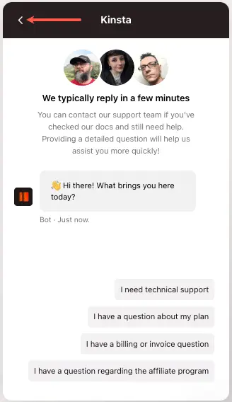 Click back in the chat window to open an existing conversation.