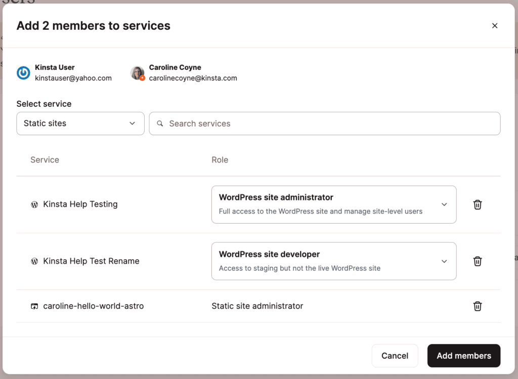 Click Add members to confirm the users you're adding to your site(s).