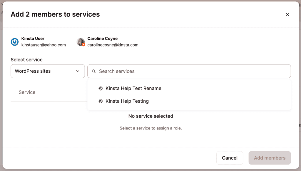 Select a service to add users to. 