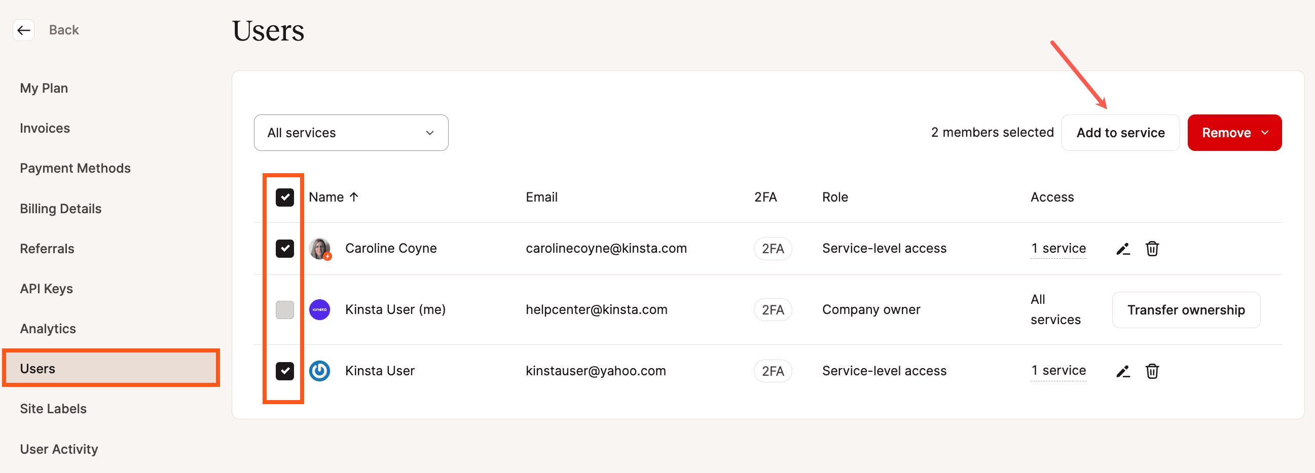 Add multiple users to a service in MyKinsta.