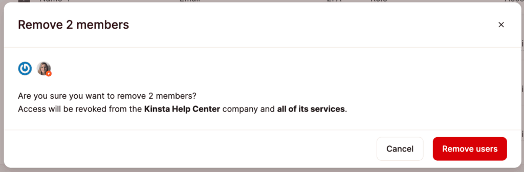 Confirm revoking user access from a service in MyKinsta.