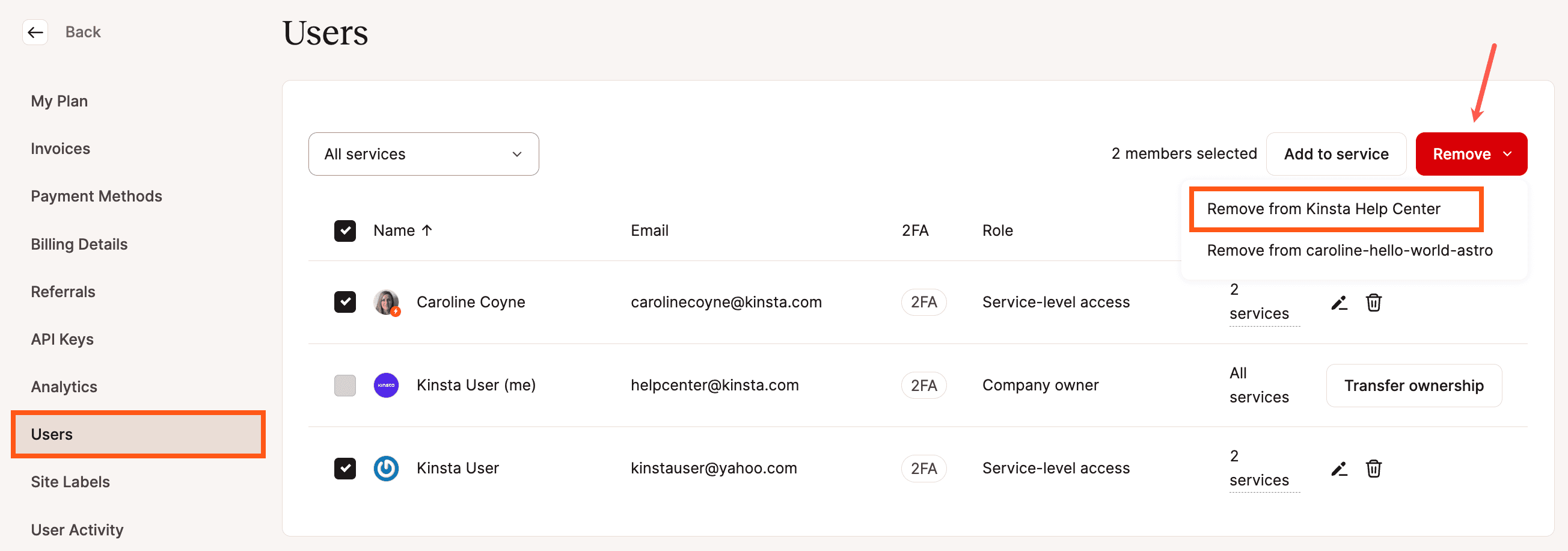Select and remove multiple users from a service in MyKinsta.