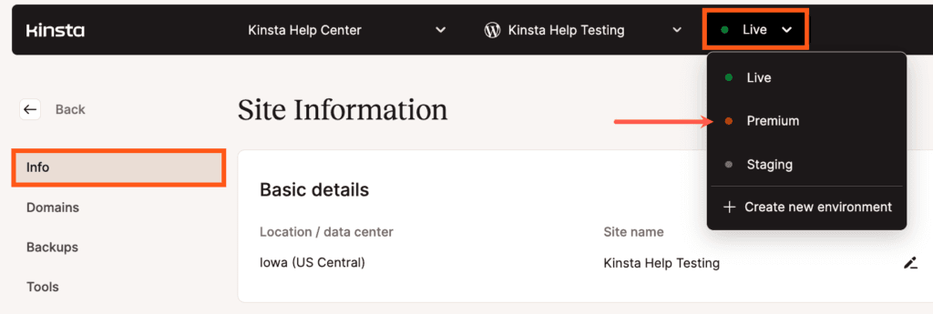 Access your premium staging environment from the environment selector.