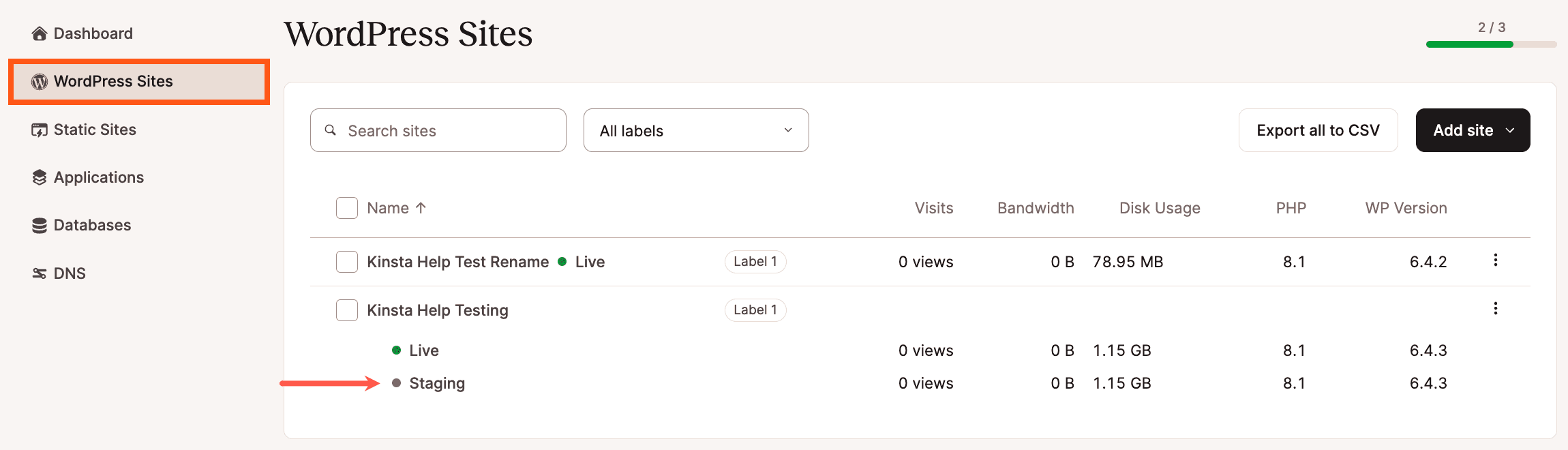 Access your staging environment from the WordPress sites list.