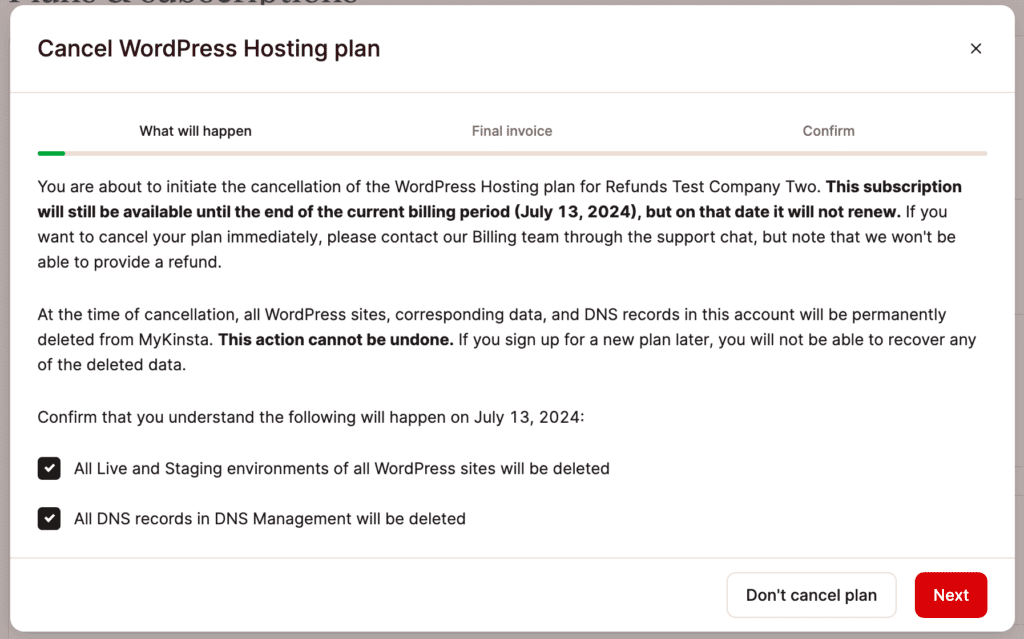 Accettare che tutti i dati saranno eliminati per cancellare il piano.