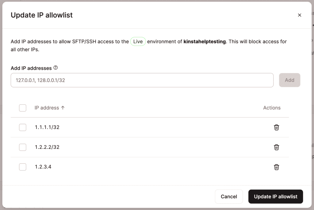 Update the IP allowlist for SFTP/SSH.