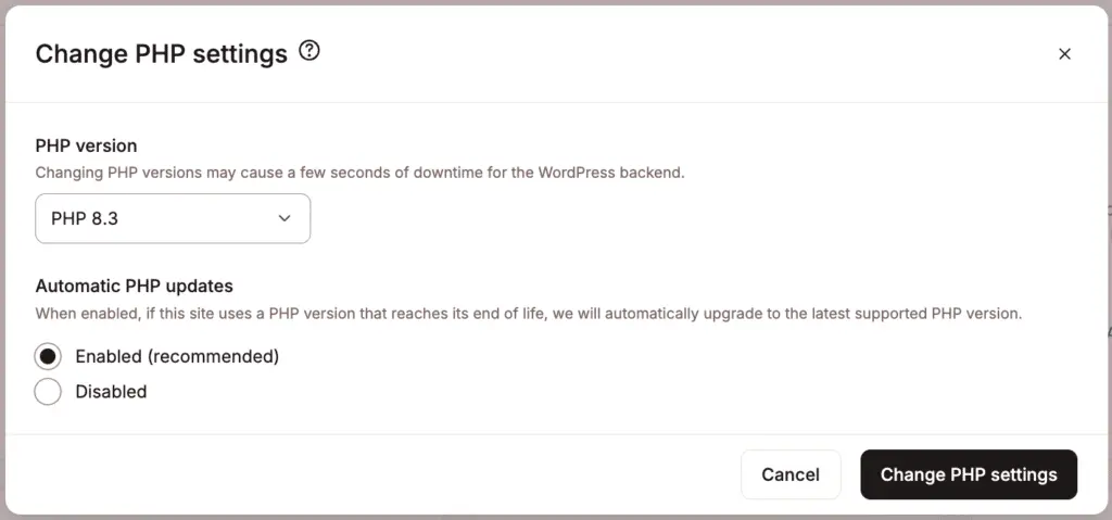 Choose your PHP version and enable or disable automatic updates.