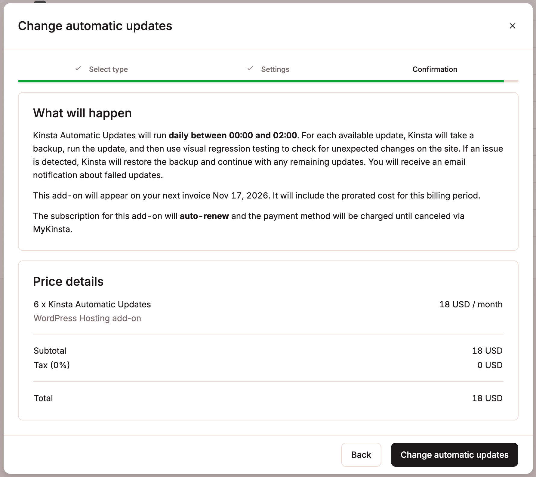 Confirm the Kinsta Automatic Updates add-on.